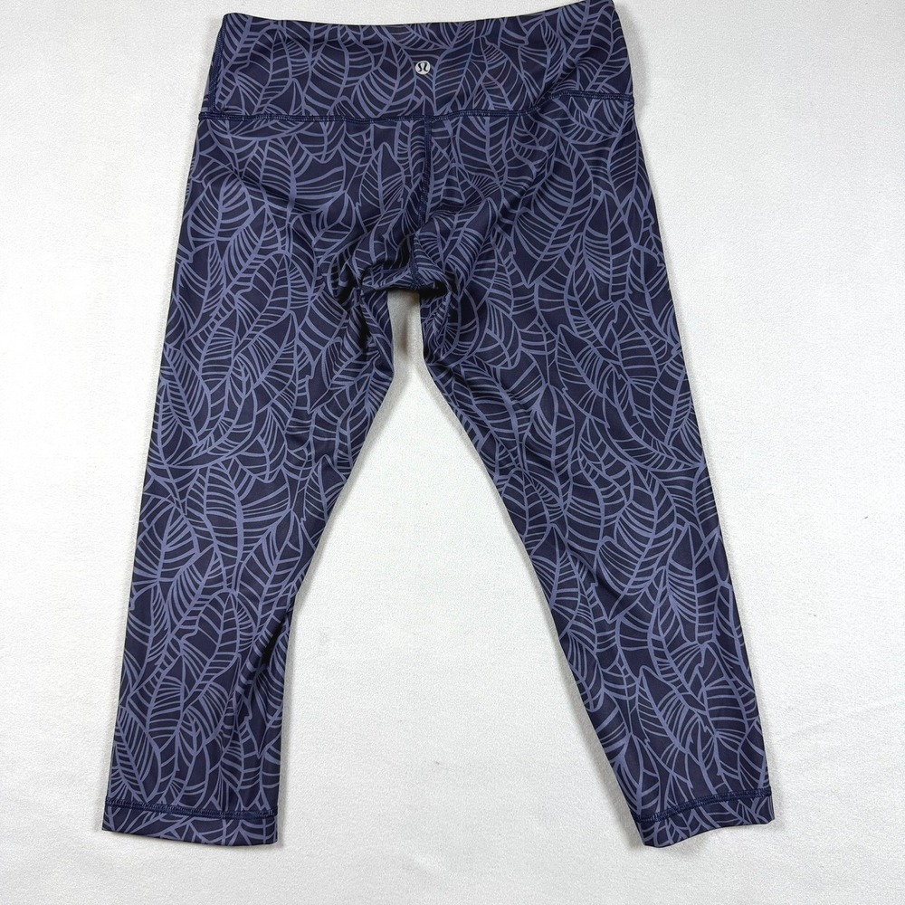 Lululemon Wunder Under Crop Leggings Size 8 Navy Purple Leaf Print Yoga Pants